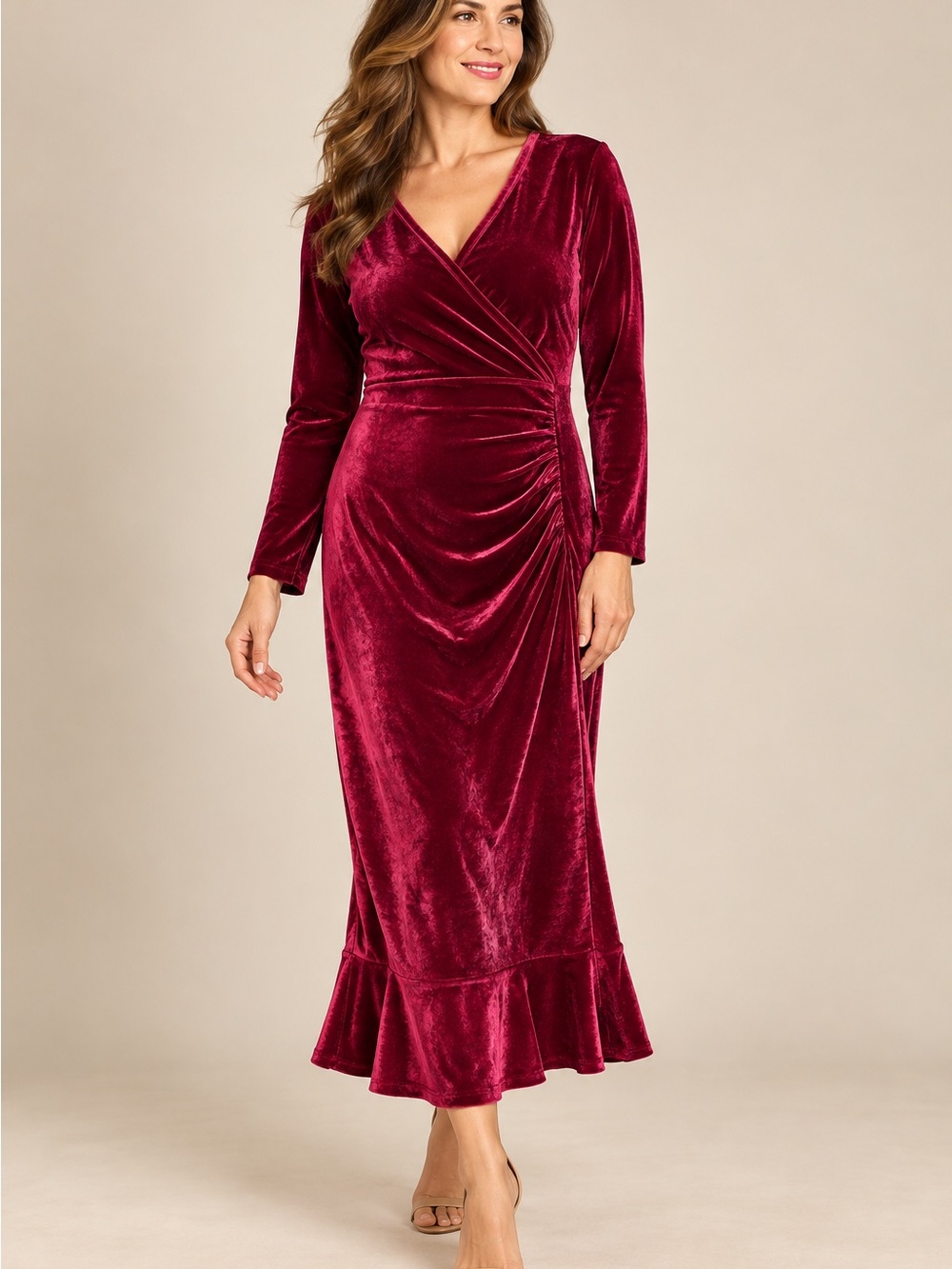 Elegant Velvet Wrap Maxi Dress in Wine Red